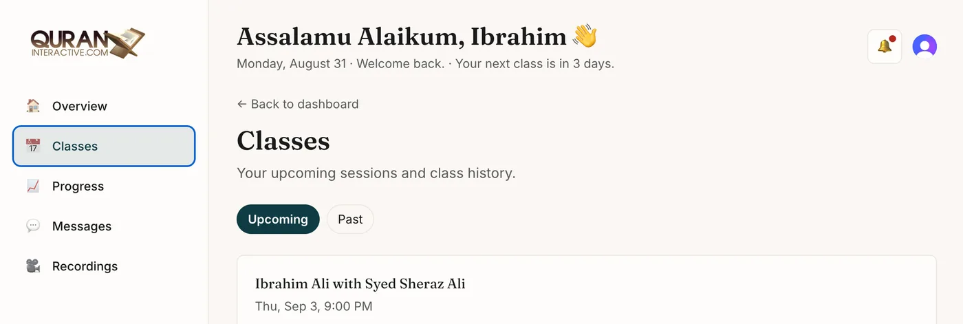 The Classes page, showing upcoming sessions and class history