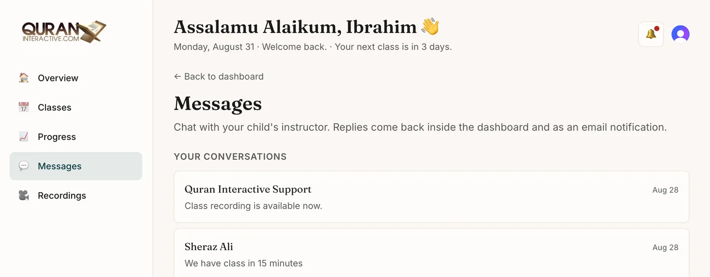 The Messages page, showing conversations with the child's instructor and with Quran Interactive support