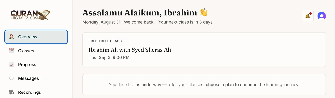 The Quran Interactive parent dashboard, showing the next free trial class with the teacher's name, date and time