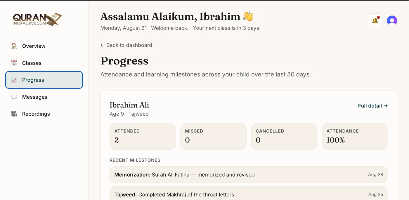 The Progress page, showing attendance figures and recent learning milestones for a student