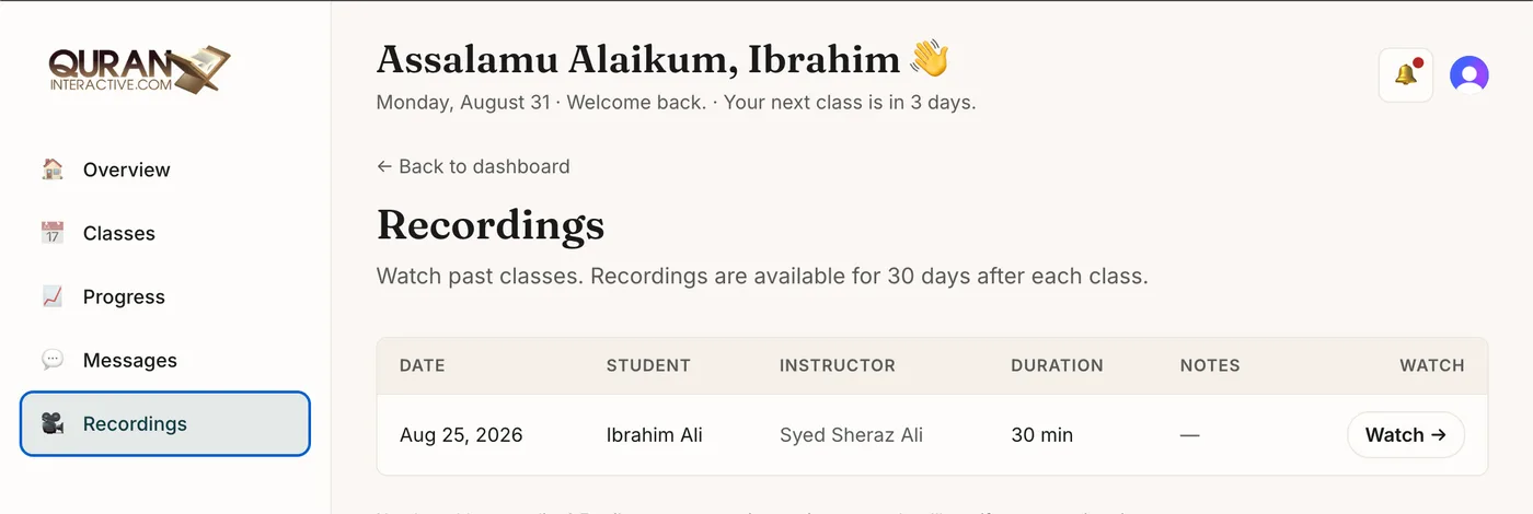 The Recordings page, listing a past class with its date, instructor and duration, and a watch button